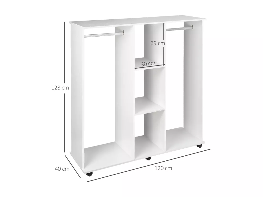 Armoire penderie meuble de rangement mobile 6 roulettes 120L x 40l x 128H cm panneaux de particules aspect bois blanc