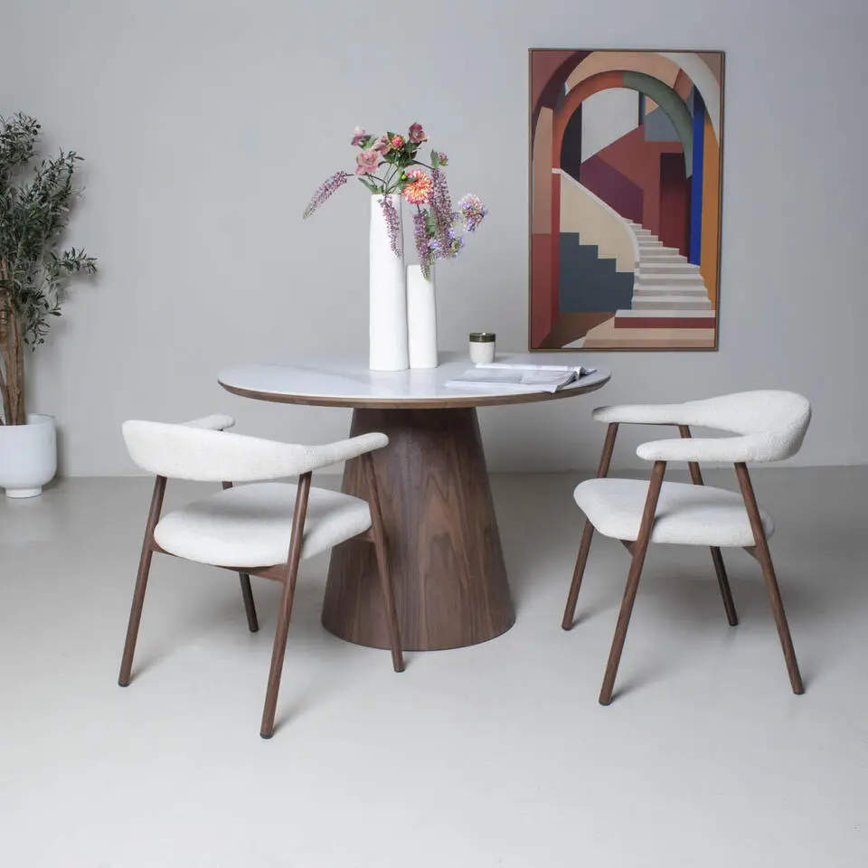 Eettafel Wit Keramiek/Walnoot - Ø115x77cm - Alba