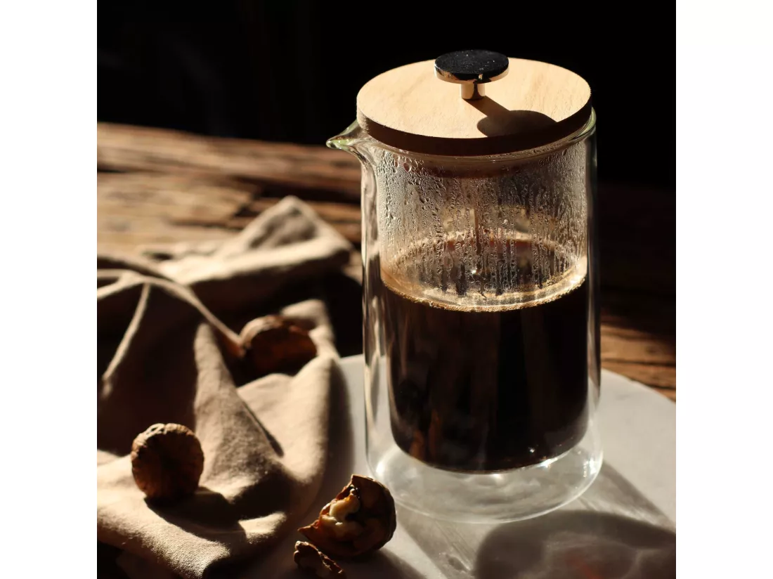 Ogo Living - Cafetiere Piston Octave 350ml En Verre Double Paroi Couvercle Bois
