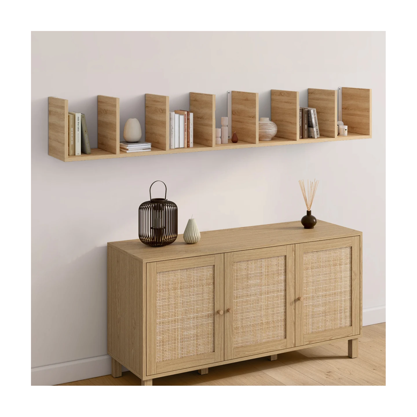 Etagère murale suspendue double position CHIARA 8 étagères façon hêtre 190 cm