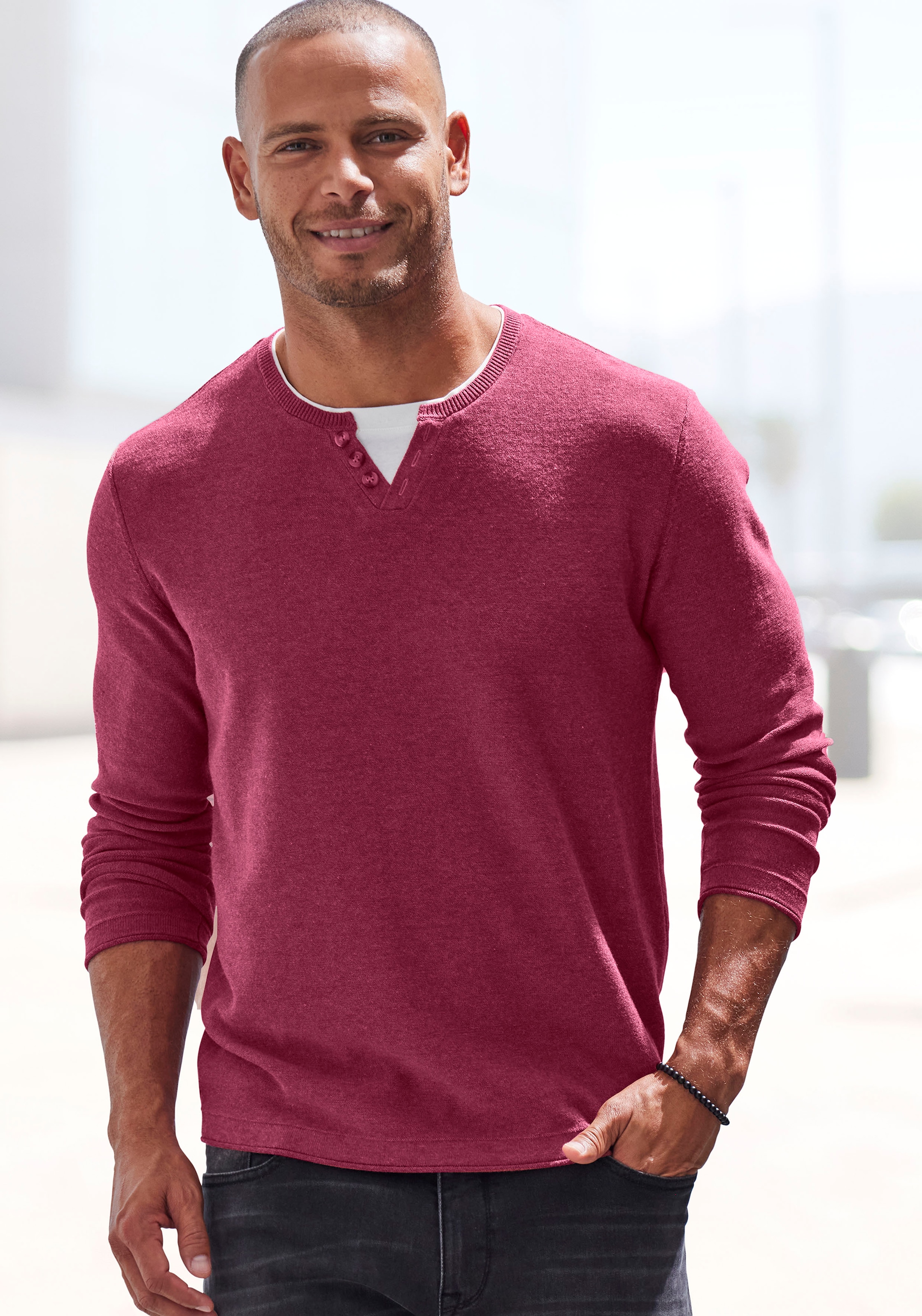 H.I.S Strickpullover , Pullover mit hochwertiger Halslochverarbeitung in double-layer Optik