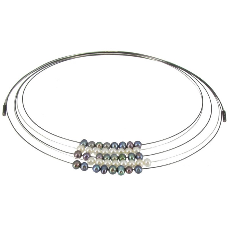 Collier Multi-fils Argent Perles Blanches et Gris Foncés