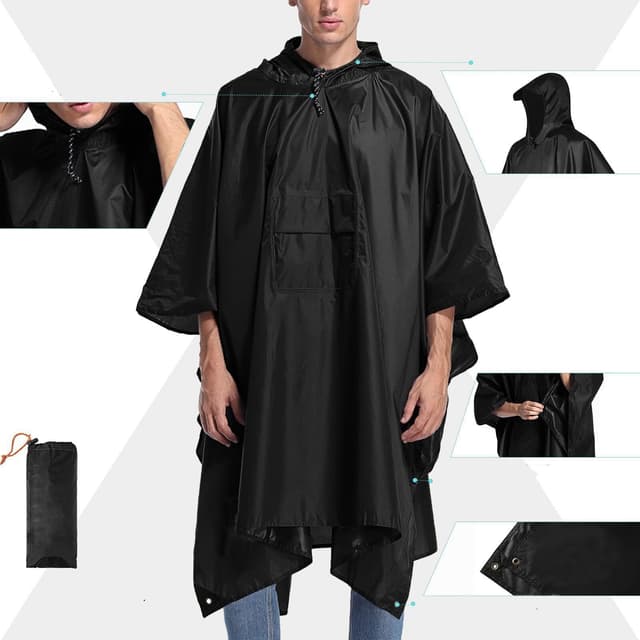 Multifunktionel regnponcho med hætte / camping presenning / shelter til vandrecamping Sort