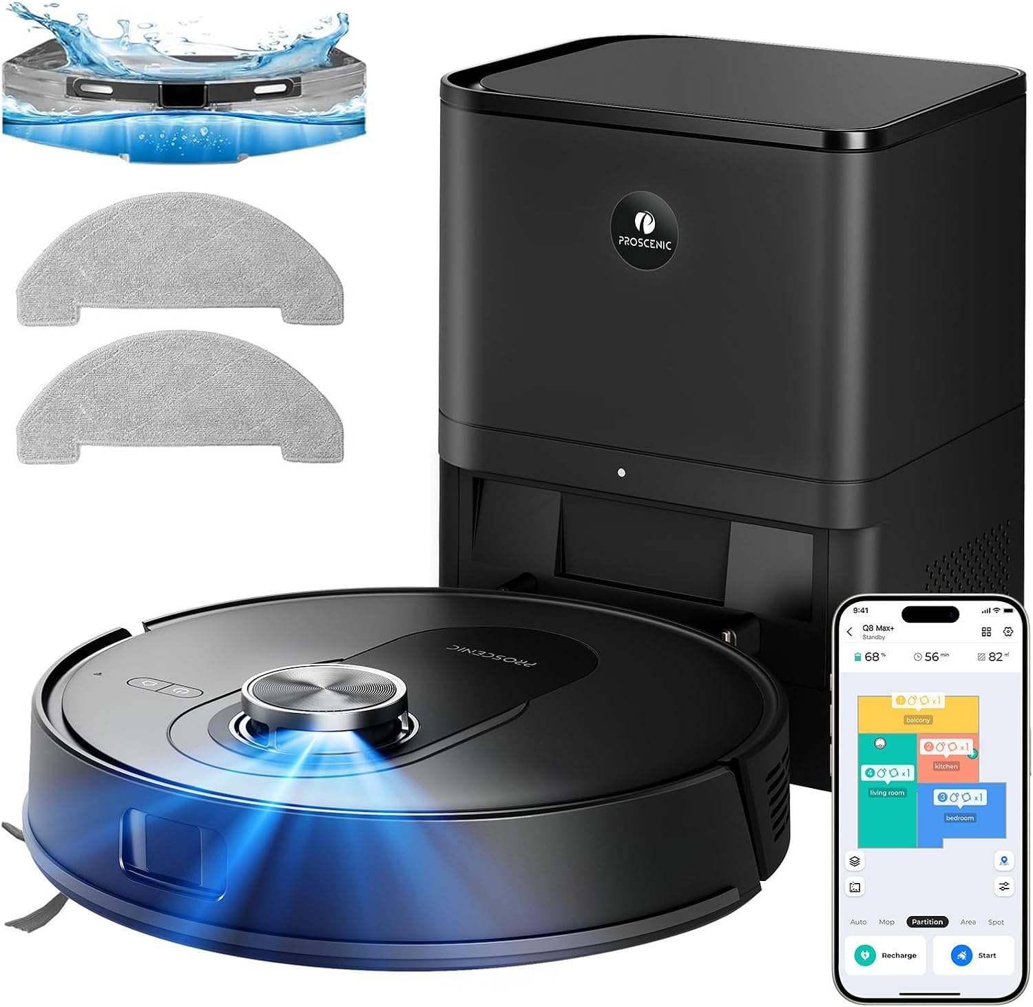 Proscenic Q8 Max+ Saugroboter mit Wischfunktion, 8000Pa 200min Staubsauger Roboter mit 3L Staubbeutel, Lidar-Navigation, intelligente Hindernisvermeidung, App Sprachsteuerung, für Hartböden Teppiche