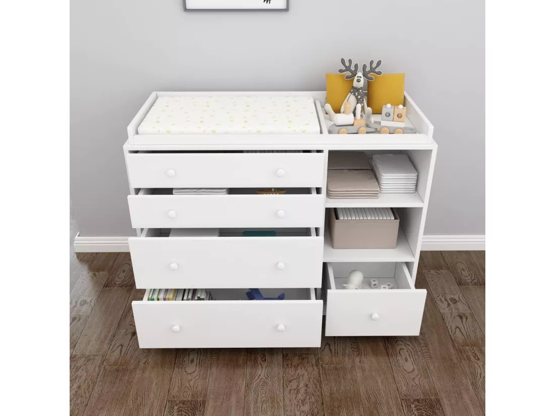 Commode à Langer chambre bébé avec 5 tiroirs et compartiment 120x50x91.5cm Blanche