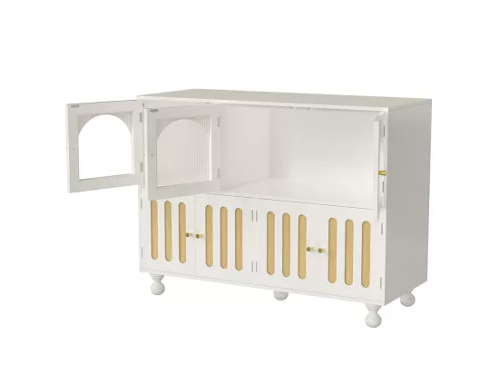 Buffet de salle à manger moderne blanc avec design arc-en-ciel, longues portes en verre, pieds à colonnes rondes, meuble de rangement élégant