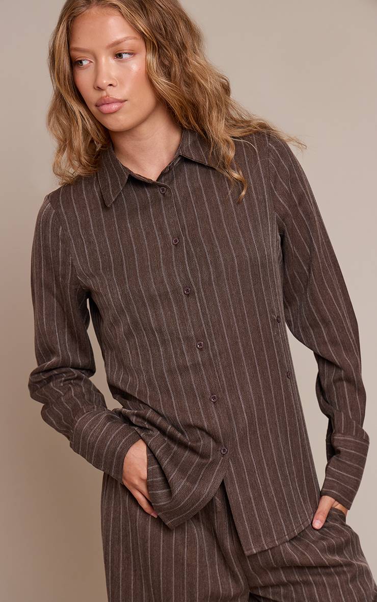 Marron Ensemble Coordonné Chemise Asymétrique À Rayures Fines Gris Clair