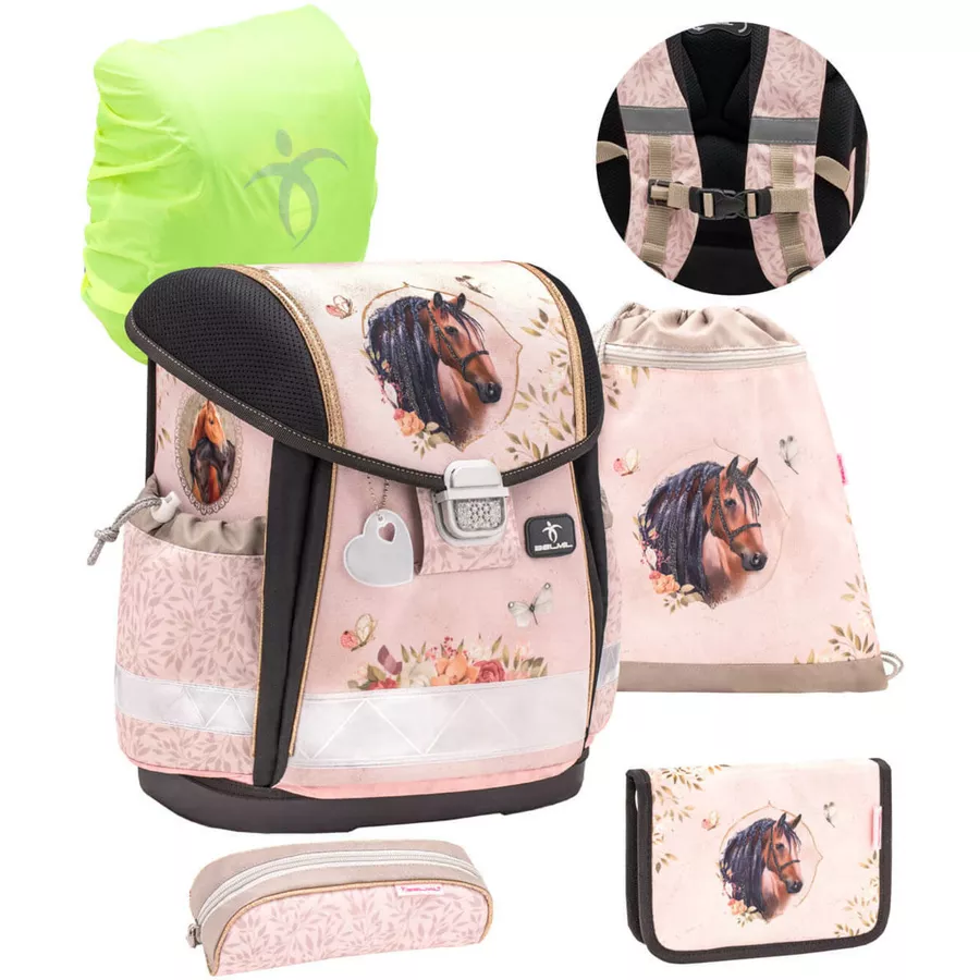 Belmil Schulranzen Classy Schulranzen Set 5-teilig mit Brustgurt Horse Chestnut