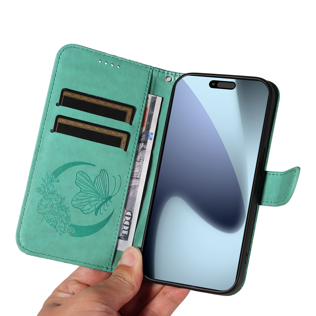 iPhone 17 Pro Leder Tasche Flip Cover Schmetterlinge Imprint - Türkis