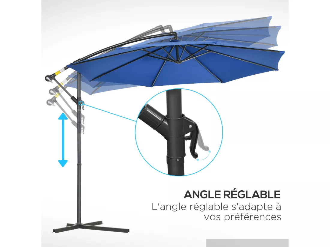 Parasol déporté octogonal inclinable rabattable diamètre 2,97 m parasol de jardin avec pied en croix bleu