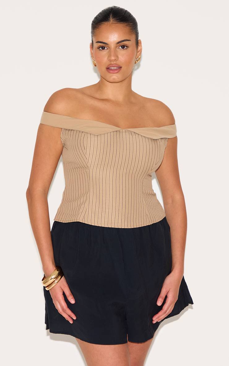 Marron Haut Long Bardot Rayé Grande Taille Effet Peau De Pêche