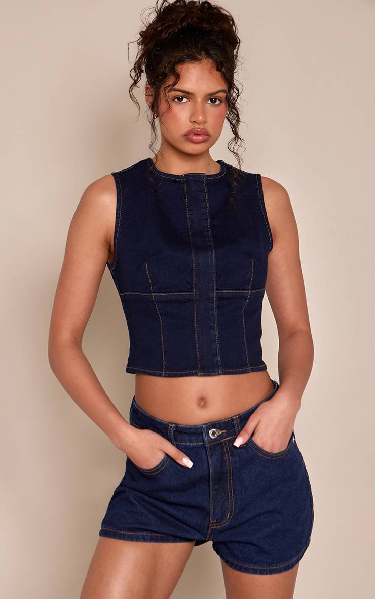 Bleu Indigo Short Mom Taille Haute À Surpiqûres Contrastantes