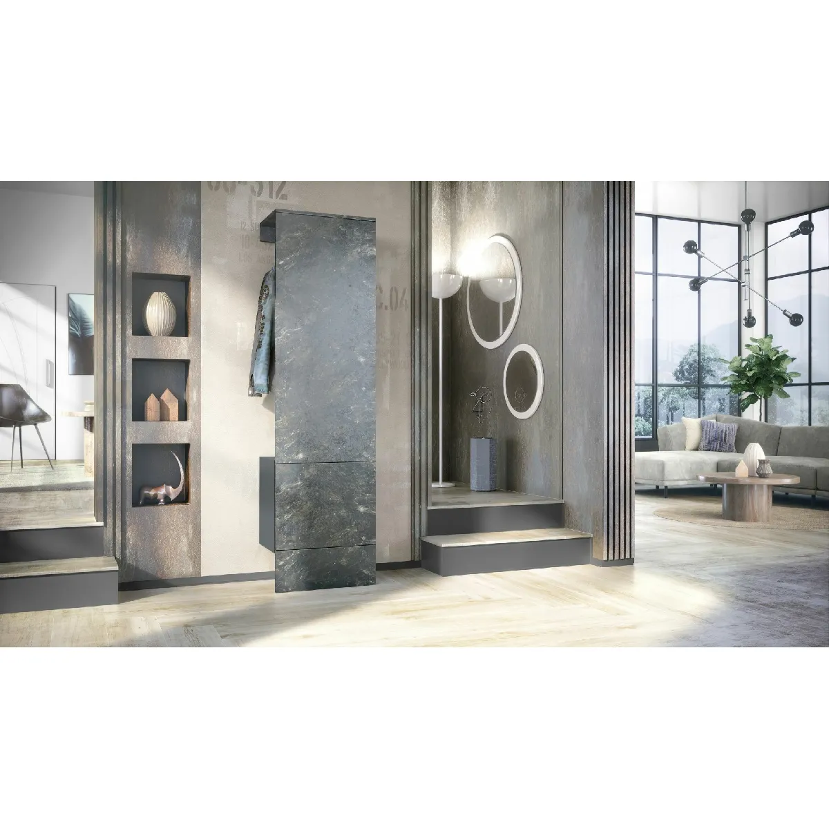 MPC Vestiaire - Gris et aspect marbre graphite - 52 x 193 x 35 cm