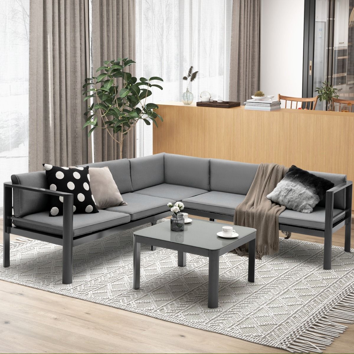 Salon de Jardin Extérieur avec Table Basse en Verre Trempé Canapéavec Dossier Inclinable à 6 Niveaux Coussins Inclus Gris - Lidl-Manfred