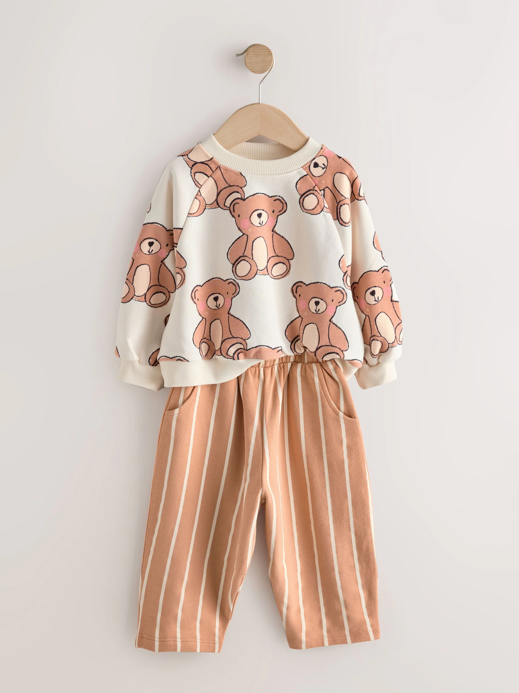 Bruine, neutrale teddybeer - Set van sweatshirt en joggingbroek met rechte wijde pijpen (3mnd -7jr)