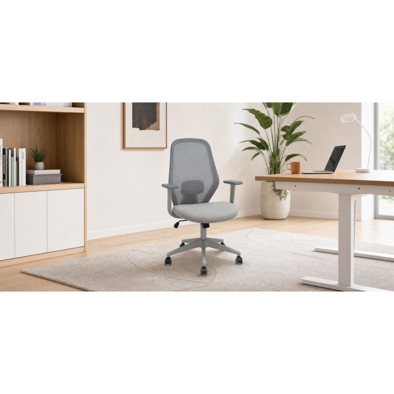 Chaise de bureau Ergo529, dossier en maille grise, assise en tissu gris, piètement gris clair, roulettes en nylon