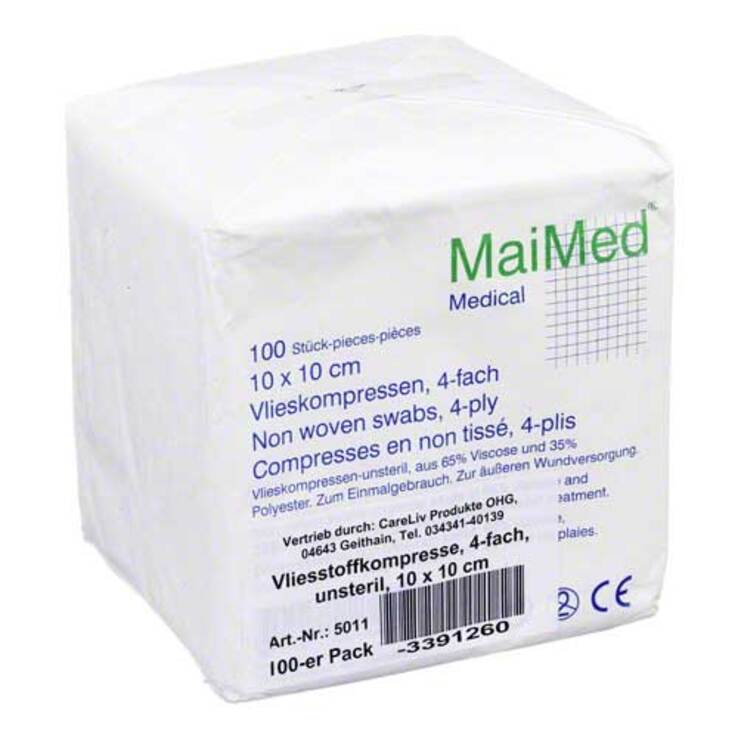 Vliesstoff-Kompressen 10x10 cm unsteril 4fach, 100 St