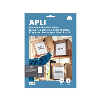 Apli Agipa - 10 Étiquettes adhésives blanches multi-usages - A4 (210 x 297 mm) - coins droits - réf 12917