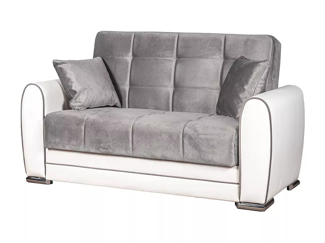 Canapé Dlobuon, Canapé d'angle conteneur en éco-cuir et tissu, Canapé de salon avec ouverture clic-clac et péninsule réversible, 163x84h91 cm, Blanc et Gris
