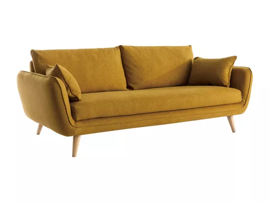Canapé scandinave 3 places en tissu jaune cumin et bois clair CREEP