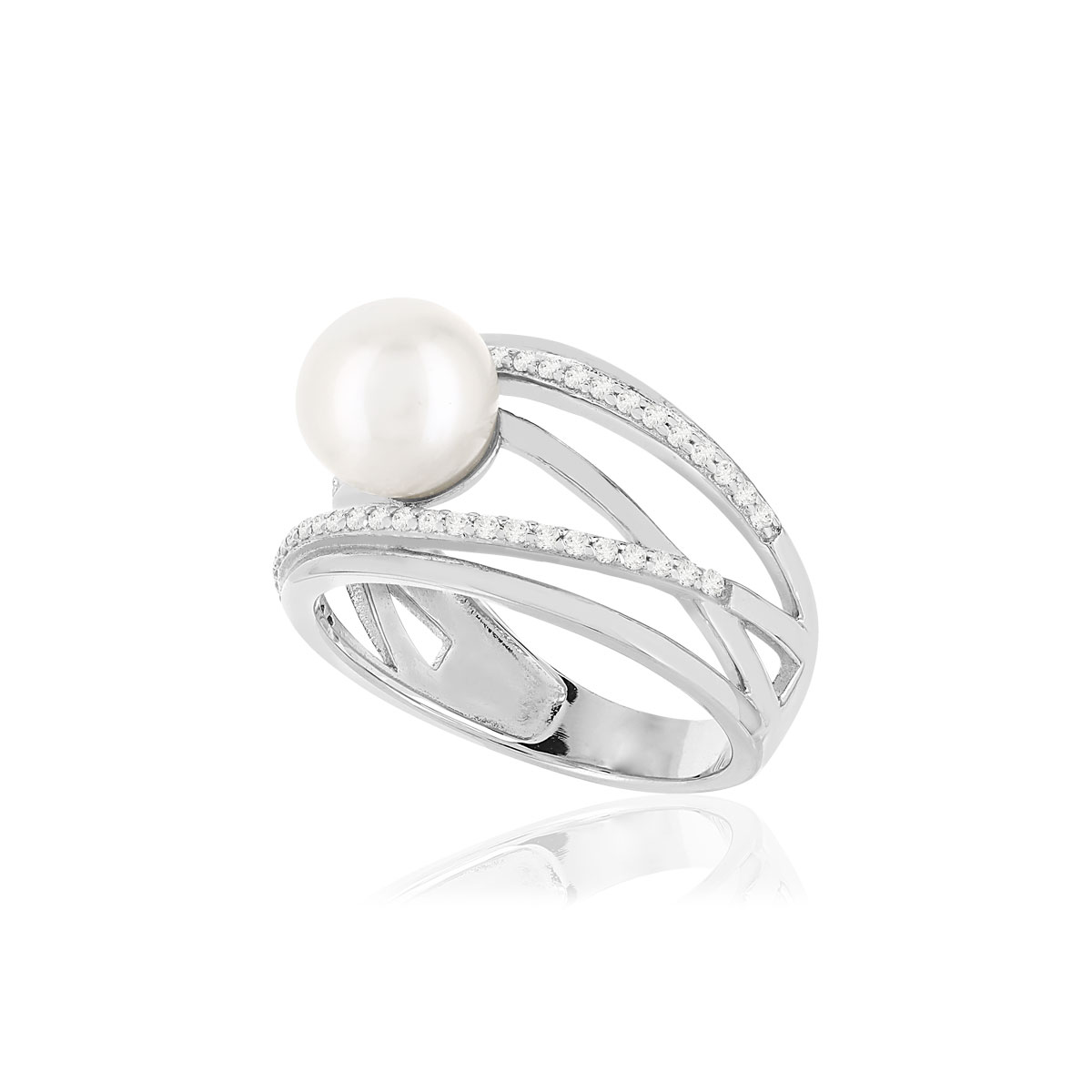 Bague argent 925, perle de culture de Chine, zirconias.