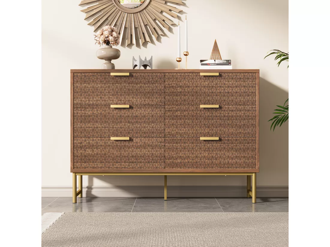 Commode avec 6 tiroirs, anti-basculement, 120 x 40 x 75 cm, panneau de particules et métal, noyer