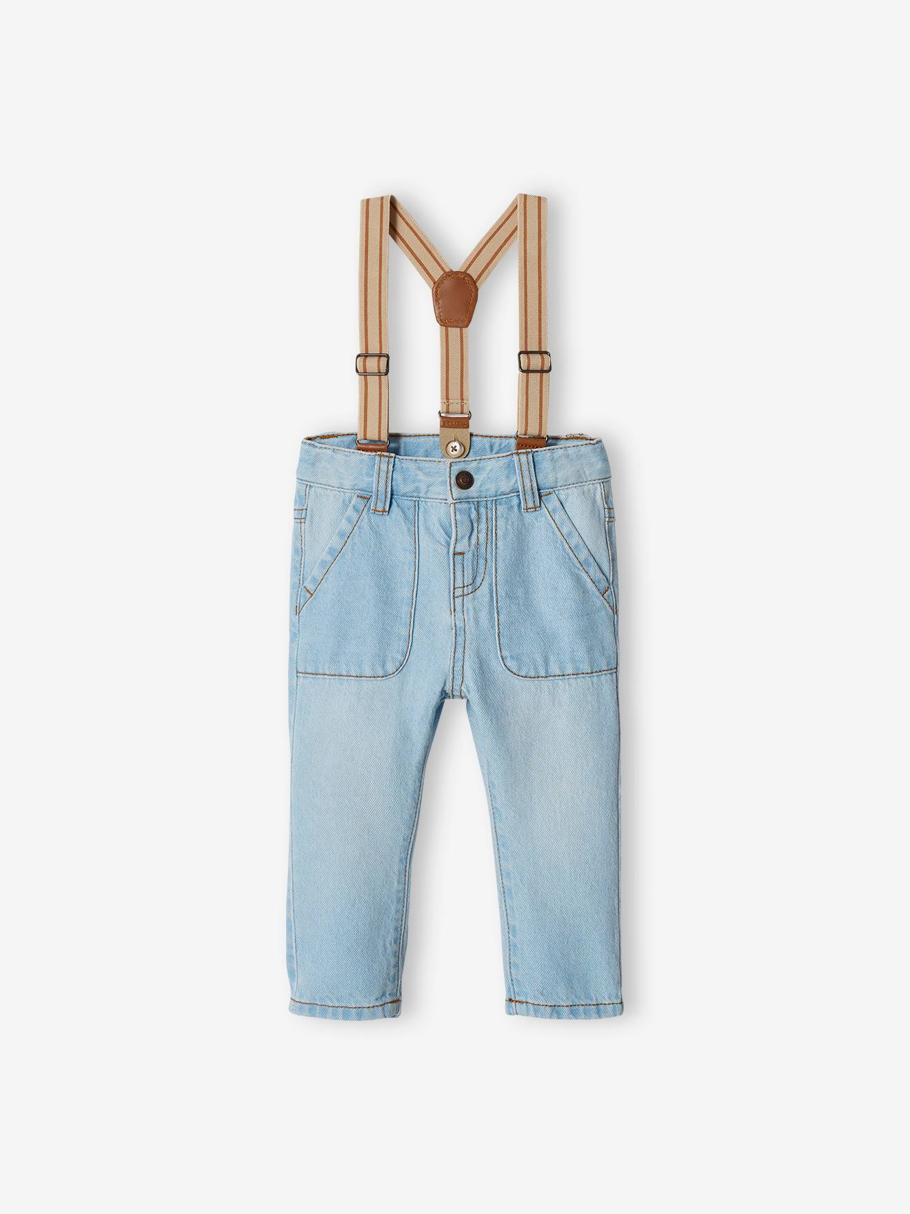 Calça jeans infantil com suspensórios removíveis, jeans desbotado