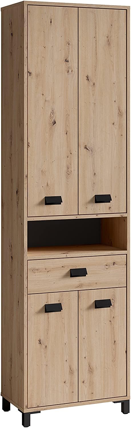 byLIVING Badezimmer-Hochschrank Wellness in Artisan Eiche, Griffe aus Metall in schwarz/Badezimmerschrank 4 Türen mit offenen Elementen & viel Stauraum/B 54, H 193, T 31 cm