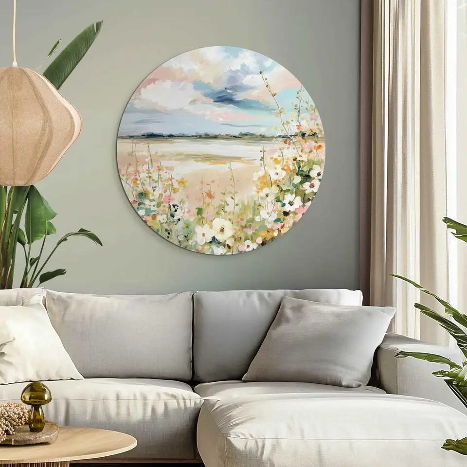 Glasschilderij Lente horizon - Ø 70cm - Beige