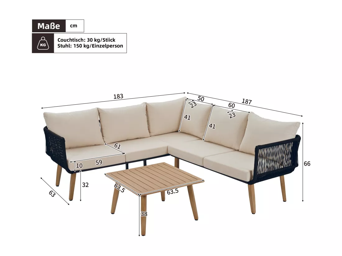 Salon de jardin, ensemble de meubles de jardin, 5 places, canapé d'angle , 1 tables basse, extérieur, acier galvanisé, Beige