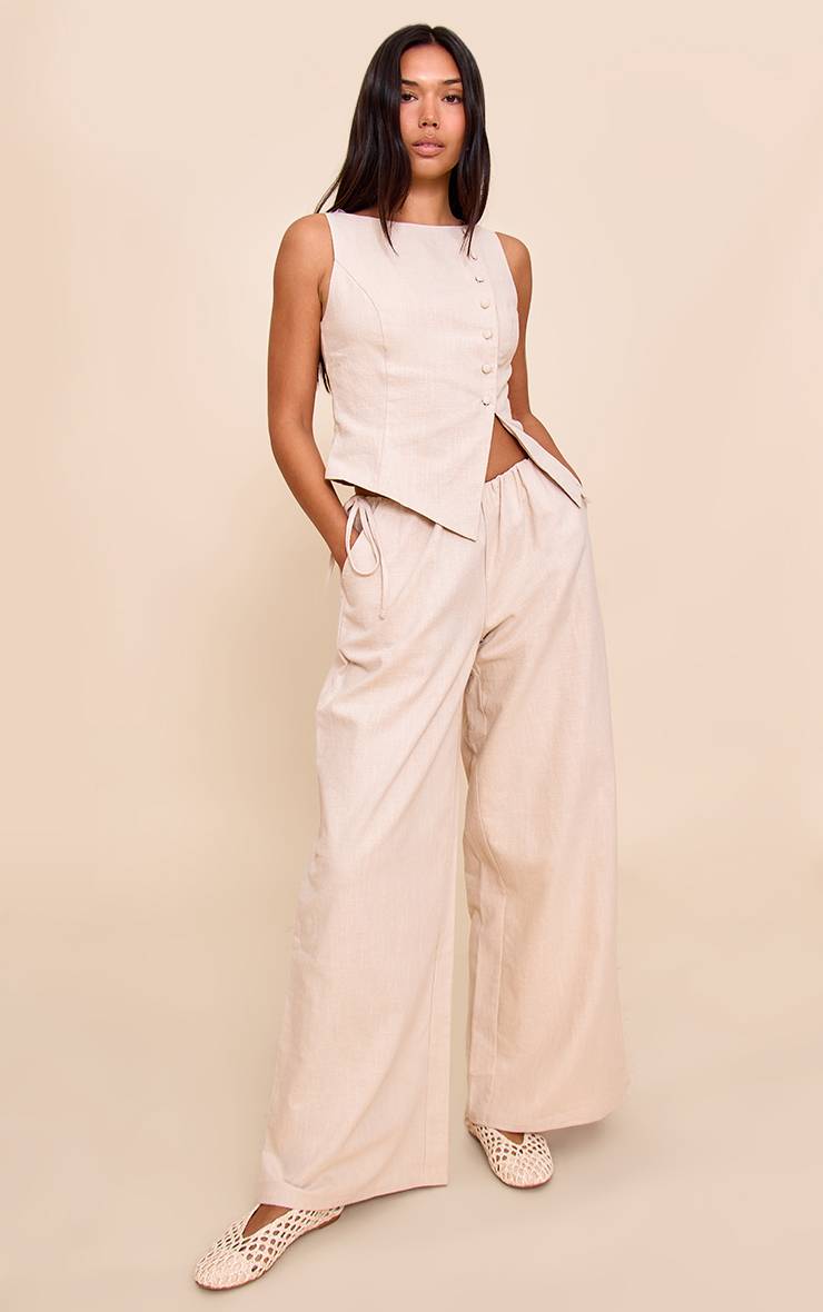 Naturel Pantalon Large En Lin Premium Avec Détail Nœuds Latéraux