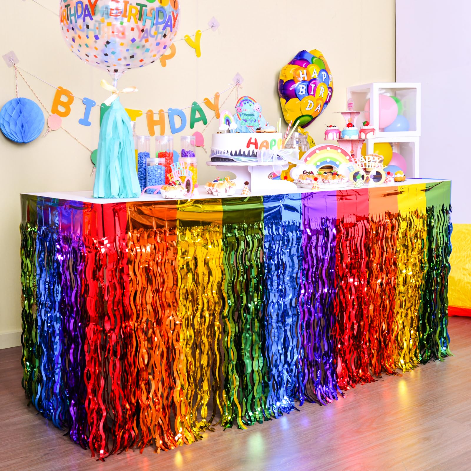 (2er Set) 275x75cm Party Tisch Deko Gewellter Lametta Vorhang Glänzender Fransen Vorhang im Regenbogen Design - Bunt