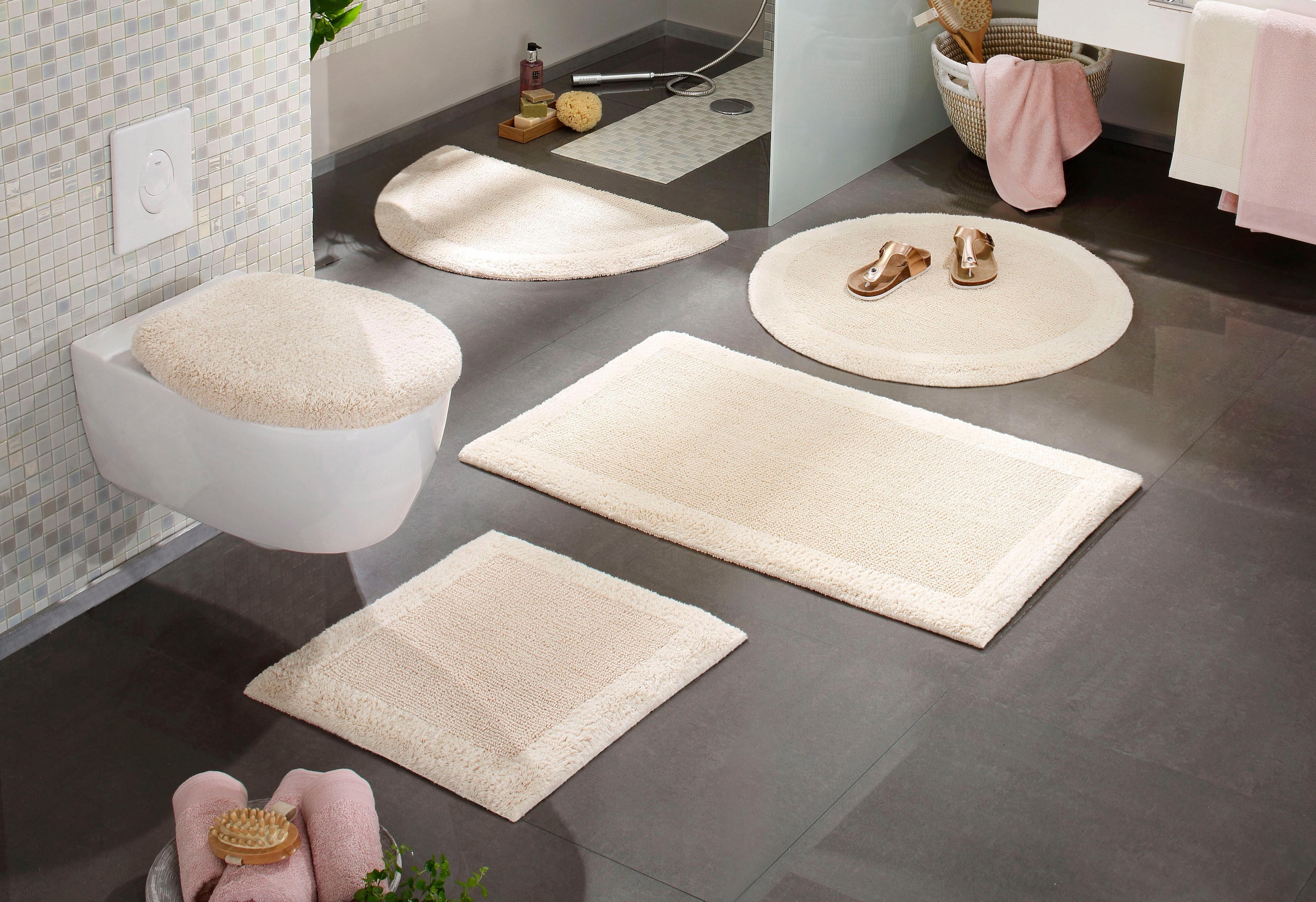 my home Badematte »Kapra, Badvorleger, Badezimmer Teppich« Höhe 14 mm beidseitig nutzbar | fussbodenheizungsgeeignet | strapazierfähig mit Bordüre, Badteppich, Badematte, Baumwolle