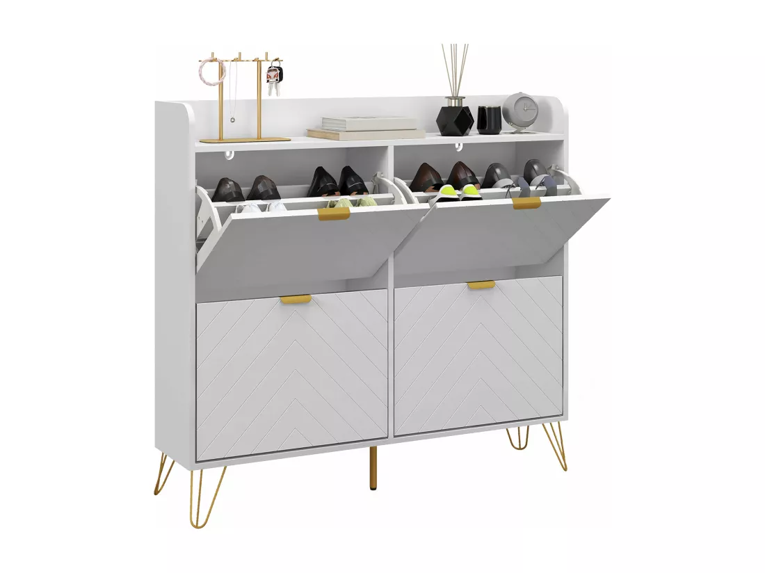Meuble à chaussures 4 abattants style art déco - dim. 106L x 24l x 102H cm - acier doré MDF blanc