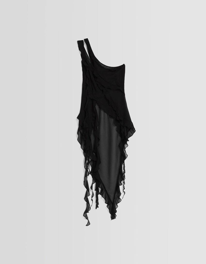 Blusa assimétrica de chiffon com babados franzidos.
