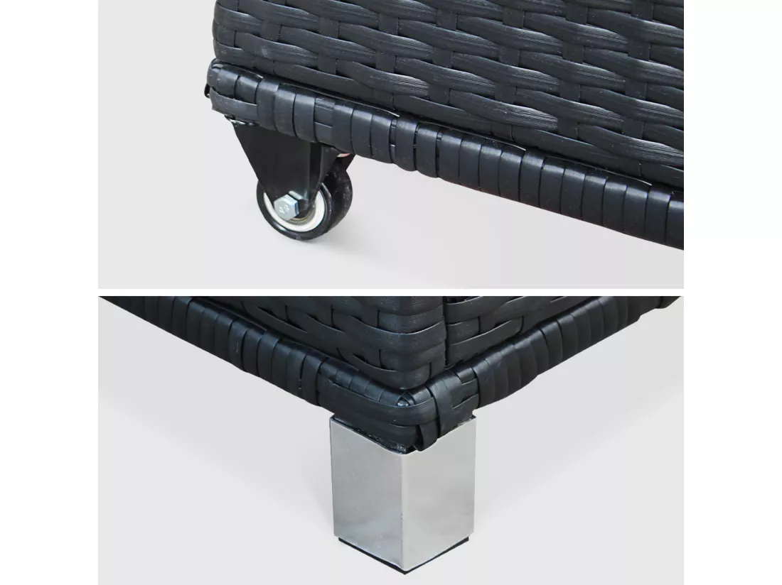 Coffre de jardin en résine tressée - Cassapanca Noir - 790L. vérins. roulettes. poignée et housse intérieure écrue. rangement coussins 162x82cm