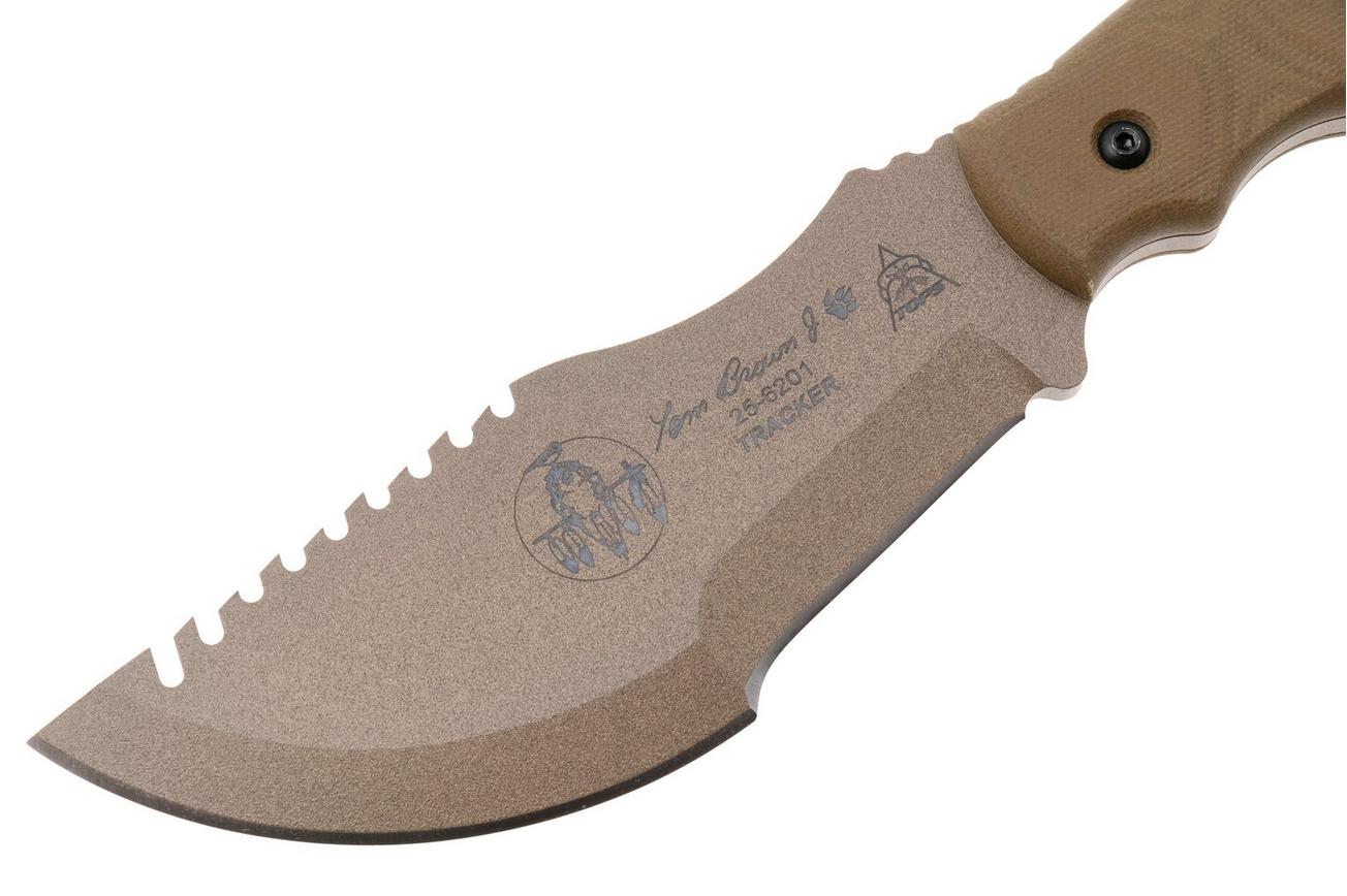 TOPS Knives TBT01-TAN Tom Brown Tracker #1 Large TBT01-TAN Coyote Tan 1095, Green Canvas Micarta, survivalmes, Tom Brown design