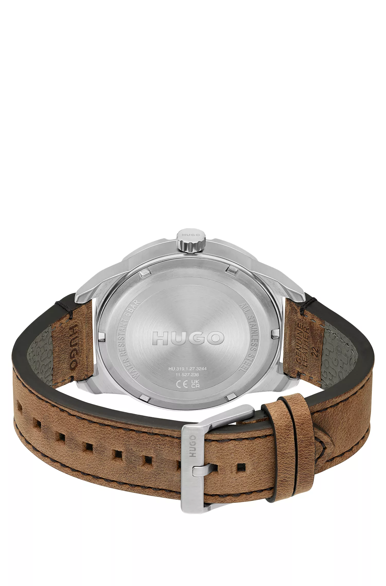 Relógio HUGO com mostrador vermelho-oliva e pulseira de couro.