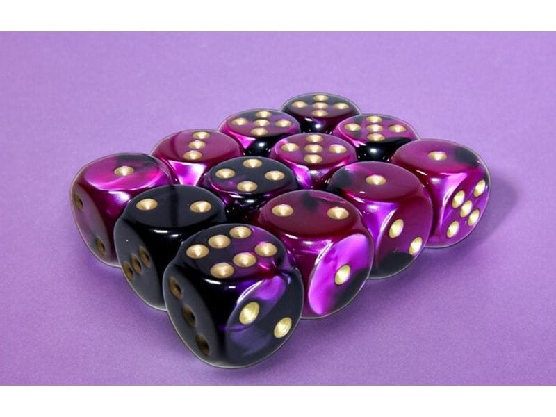Chessex Würfelset Gemini 16 mm d6 Schwarz-Lila/Gold 12 Stk. Würfelset mit 12 Würfeln