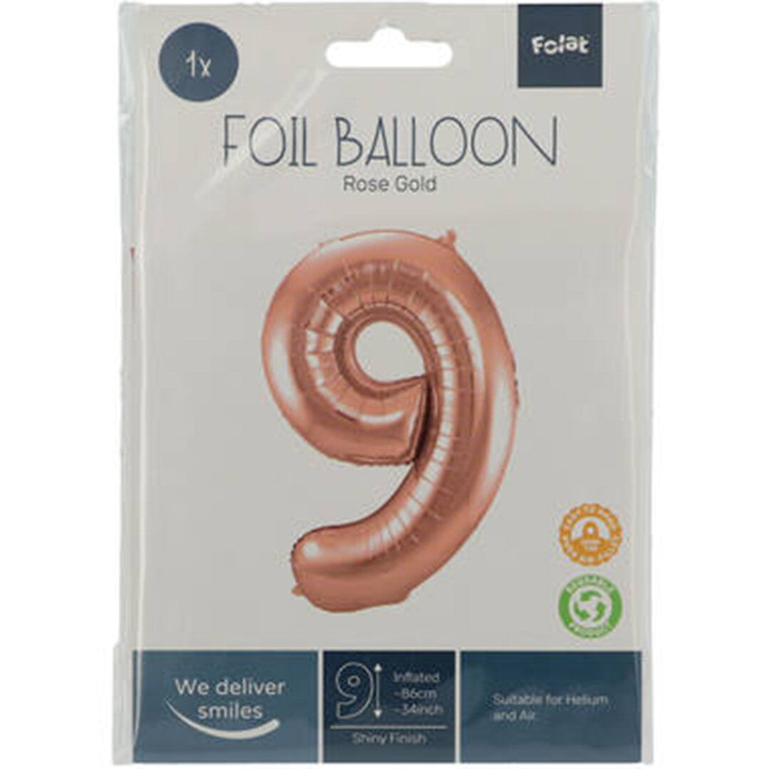 Cijferballon negen - rosé goudkleurig - 86 cm