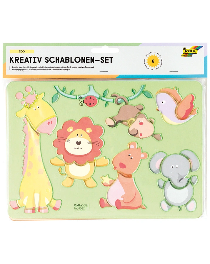 Kreativ-Schablonen ZOO 6-teilig mit Ausmalvorlagen