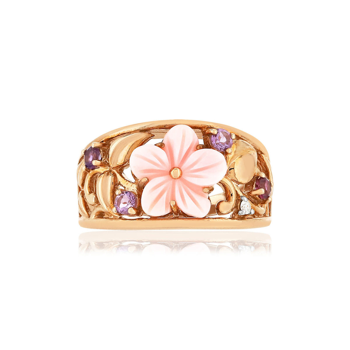 Bague or 375 rose fleur nacre rose pierres fines et diamants