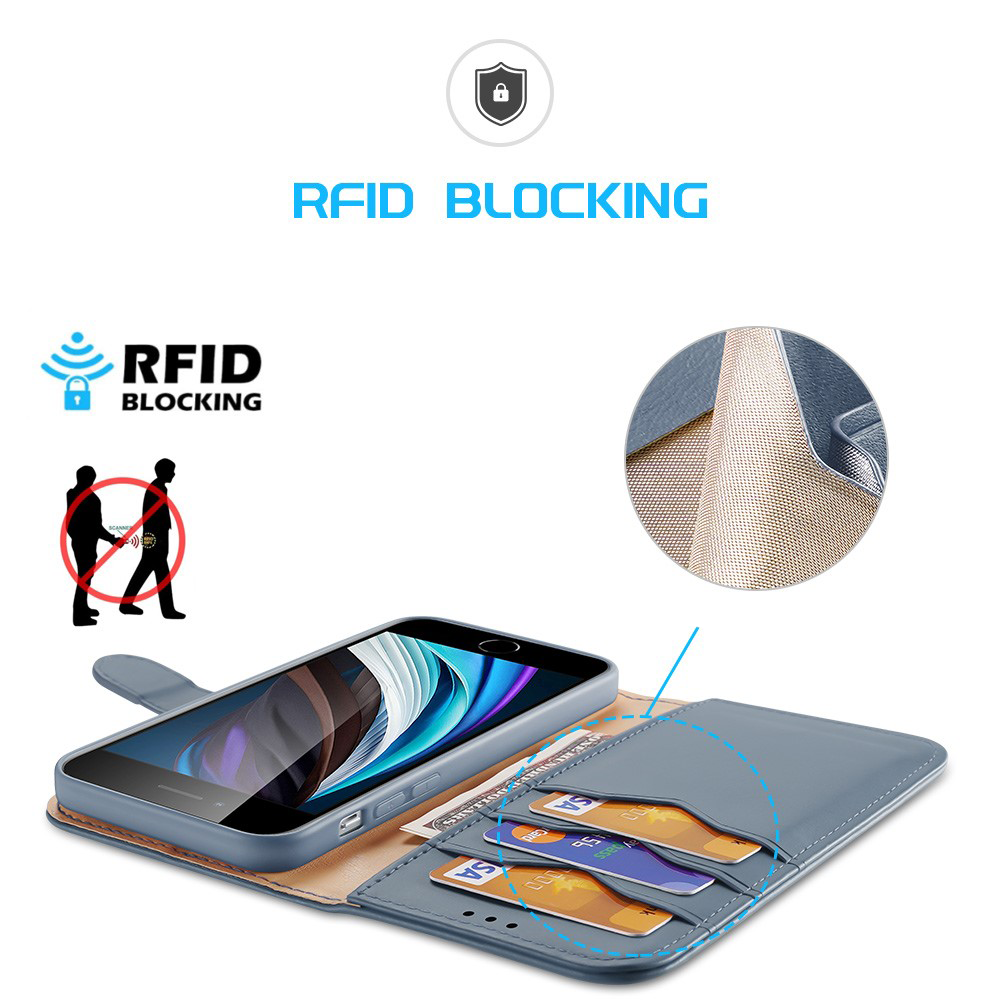 iPhone SE (2022/2020) / 8 / 7 Flip Wallet Cover Echtleder Tasche (RFID Schutz) - Blaugrau