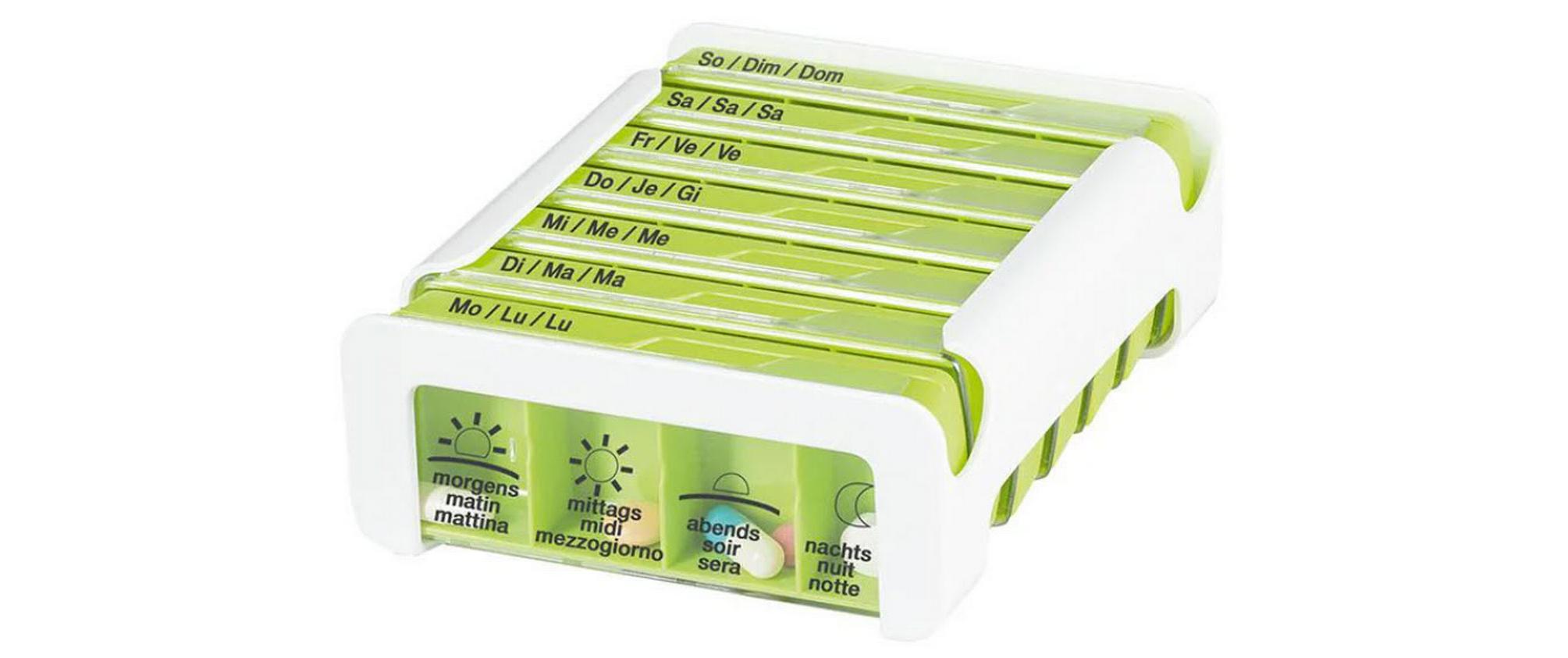 Wochenpillenspender Medidispenser COMPACT grün DE/FR/ITMedikamentenbox mit kompakten Abmessungen