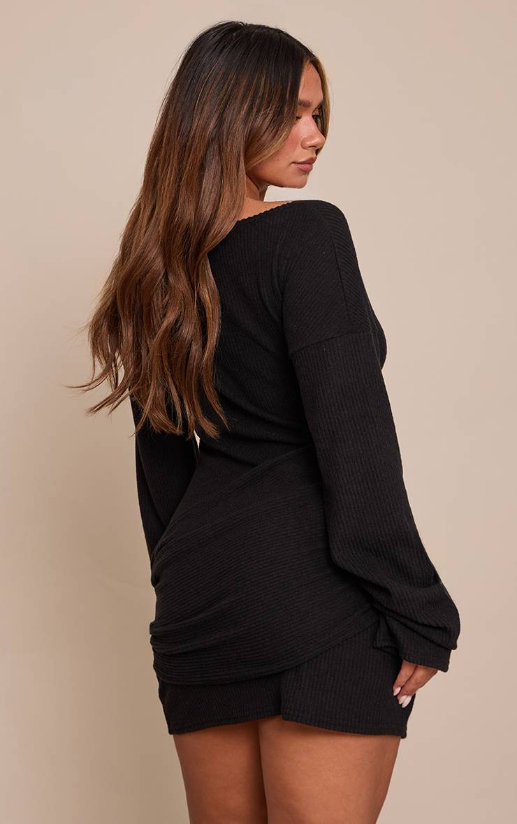 Noir Robe Mini Moulante En Maille Côtelée Brossée Col Bateau Avec Taille Cache-cœur
