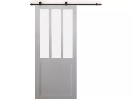 Porte Coulissante Atelier Blanc Vitre Depoli H204 X L83 + Rail A Roulettes Noir Gd Menuiseries