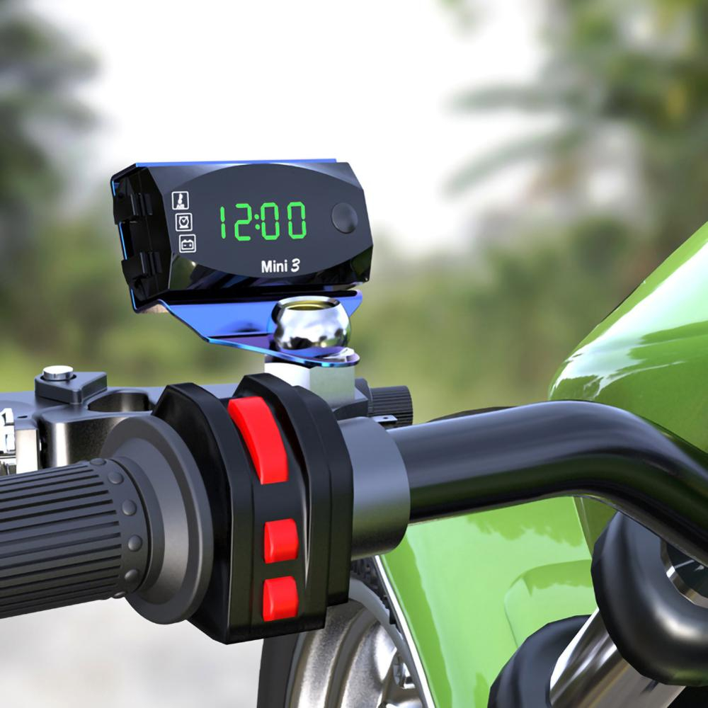 3in1 Motorrad Digital Uhr / Thermometer / Voltmeter LED Spannungsmesser IP67 - Schwarz / Blau