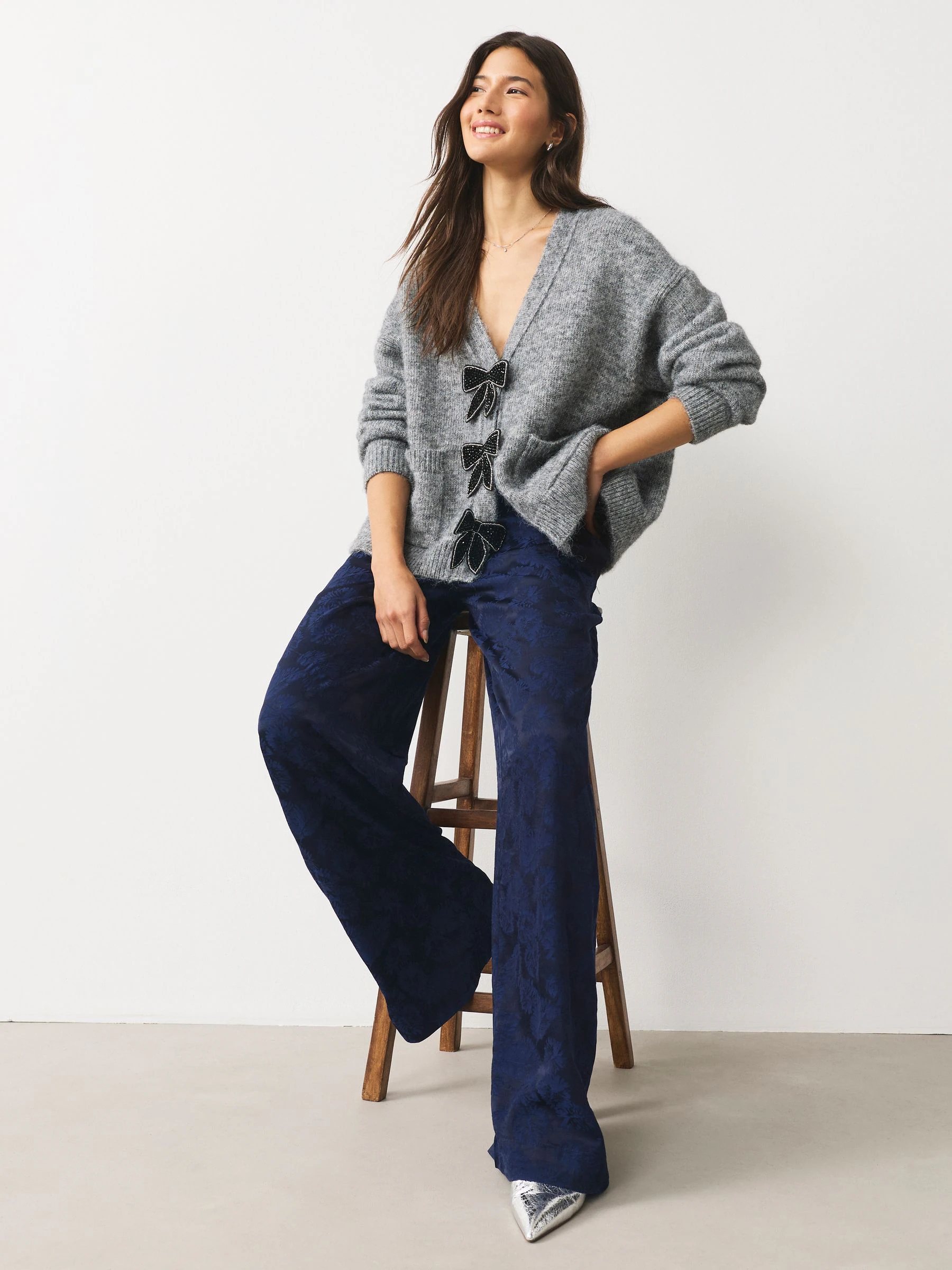 Marineblauw - Satijnen jacquard broek met wijde pijp