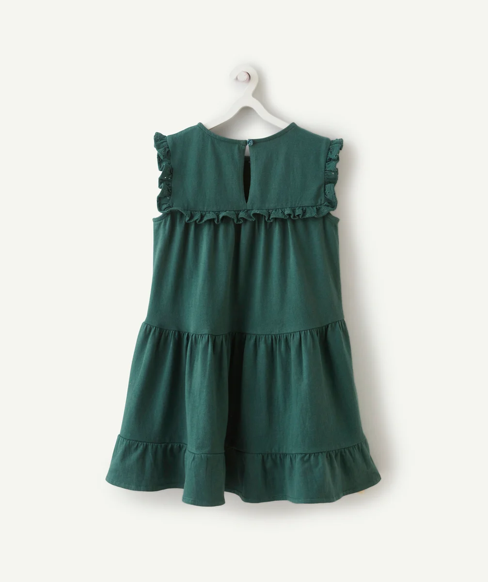 ROBE EN MAILLE FILLE EN COTON VERT FONCÉ AVEC VOLANTS ET BRODERIES
