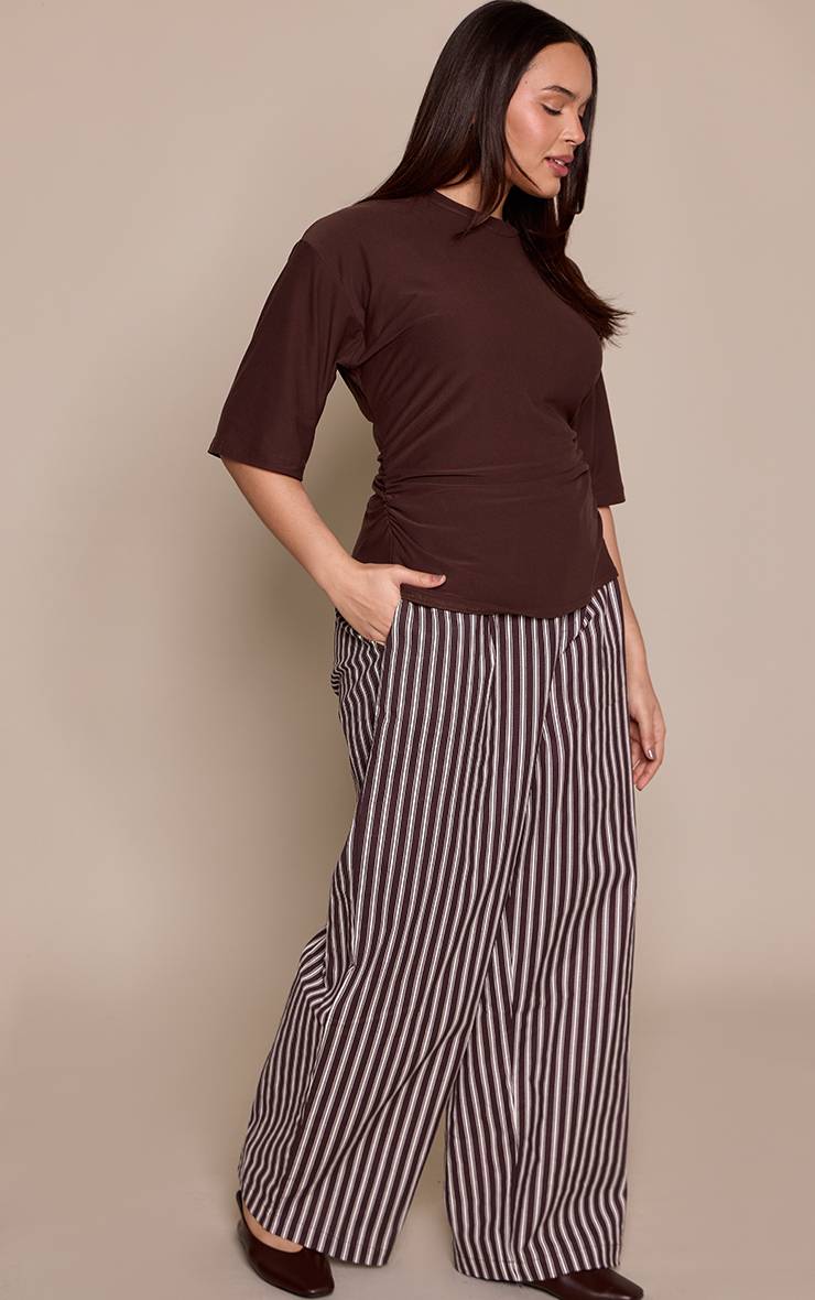 Chocolat Pantalon Grande Taille Droit Ajusté En Lin À Rayures